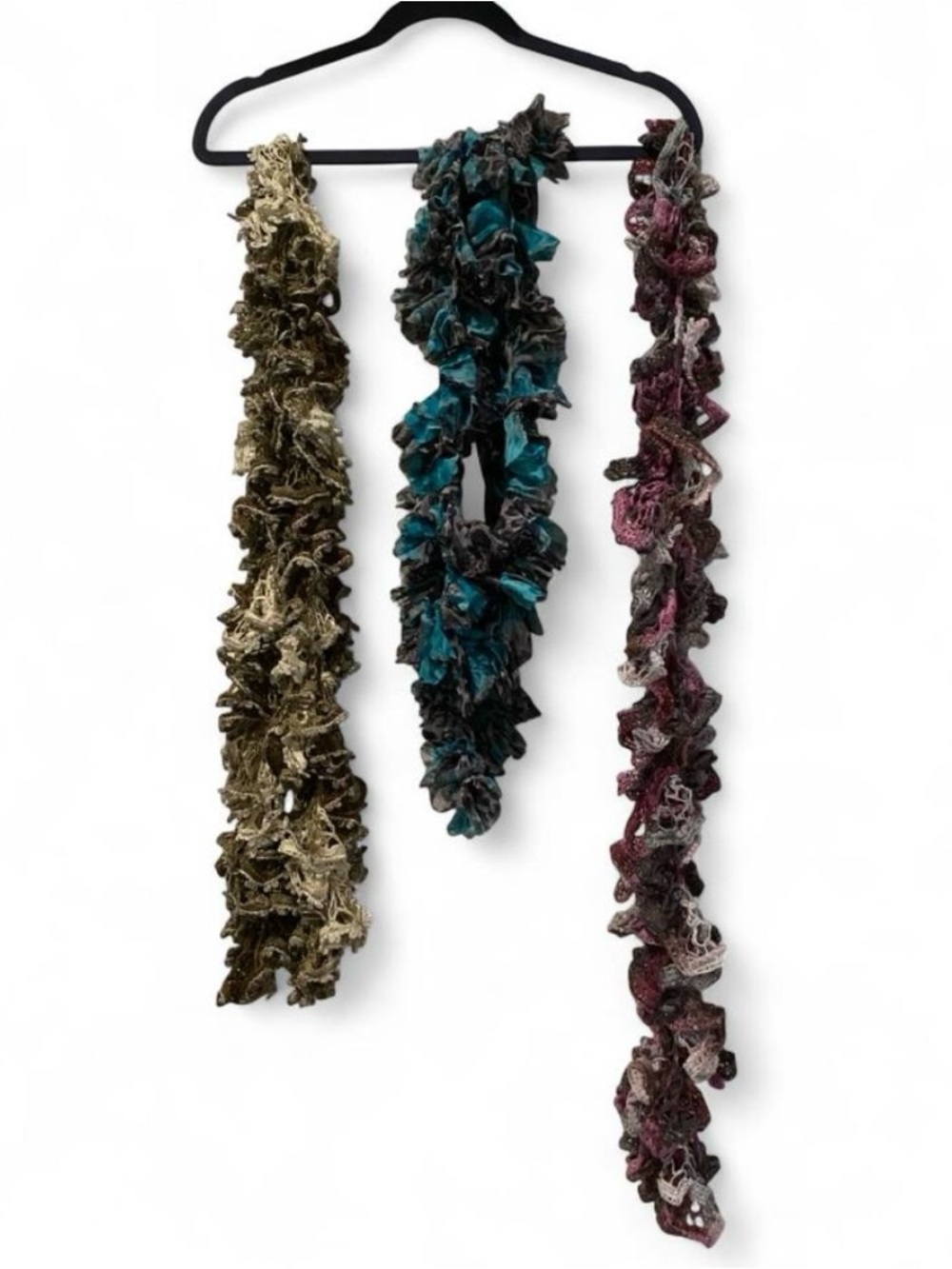 Ruffled Crochet Scarf Trio - Teal, Olive & Purple
